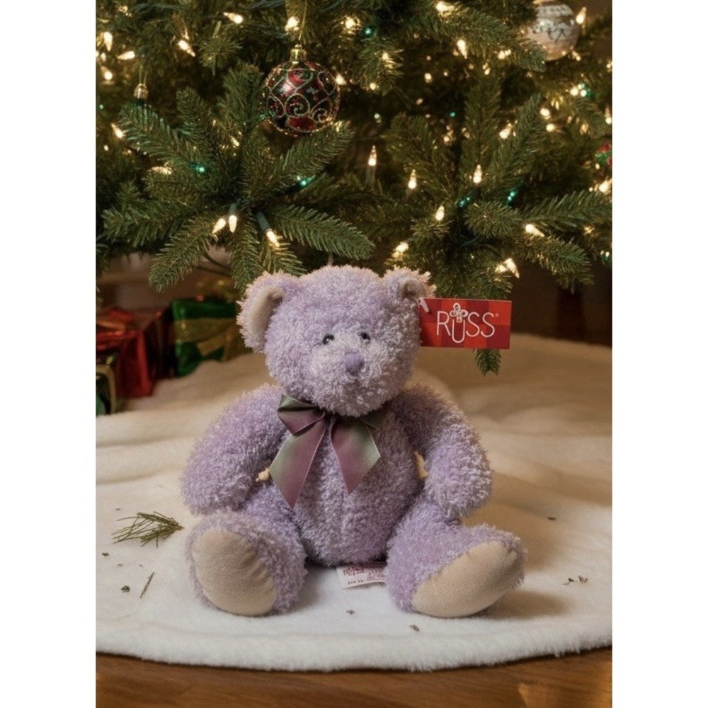 Russ Berrie Sparkles #20421 9" Lavender Plush Teddy Bear Stuffed Soft Animal Bow